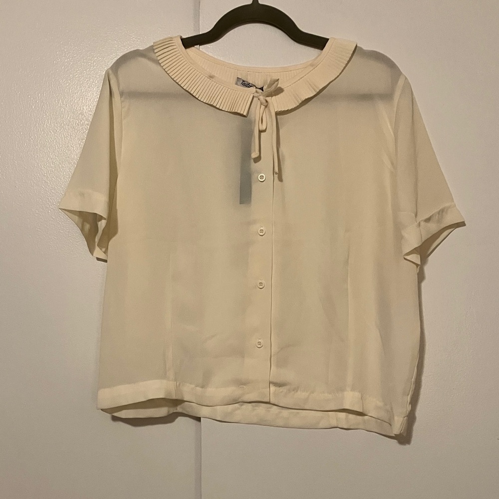 Tatyana Ingrid Short-Sleeve Button Front Blouse with Peter Pan Tie Collar